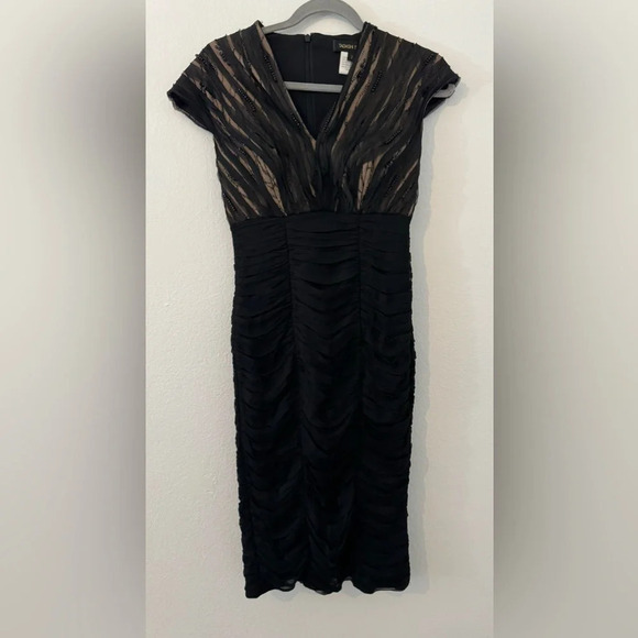 Tadashi Shoji Sheath Dress Size 2 Silk Blend Overlay Beaded Pleated Cocktail - Picture 1 of 13